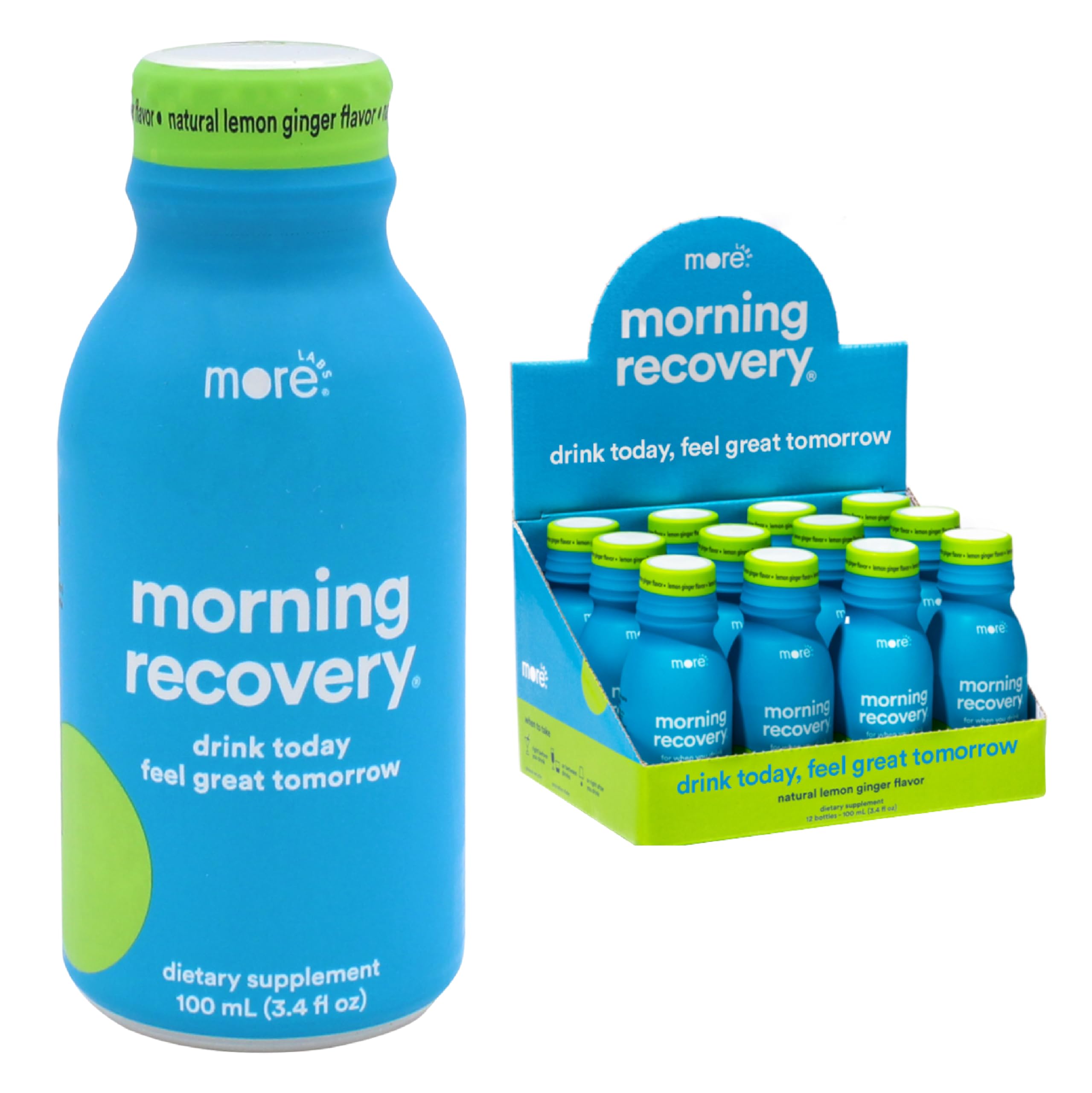 More Labs Morning Recovery lemon ginger bottle pour for on-the-go hydration.