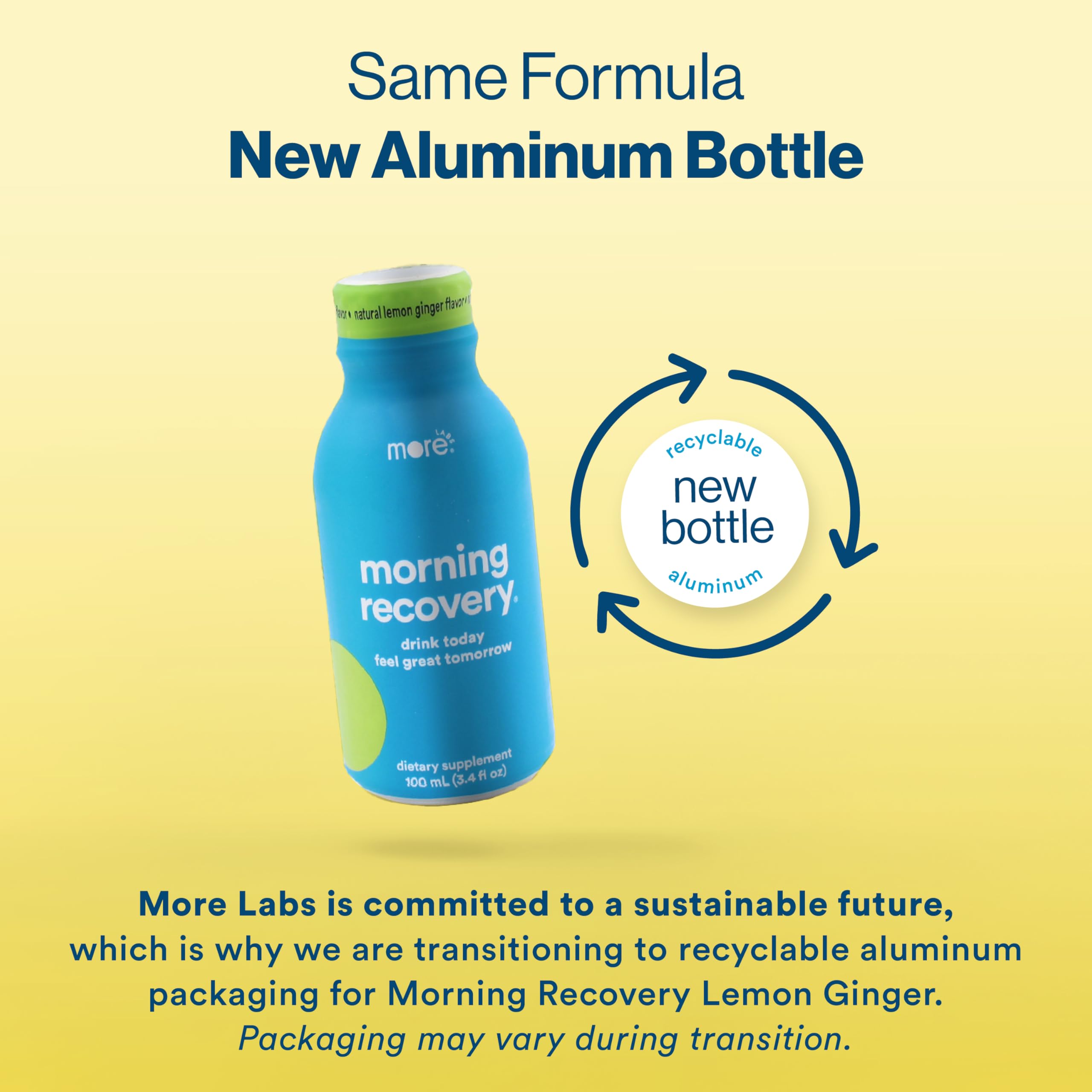 More Labs Morning Recovery packaging showing aluminum transition for sustainable hydration