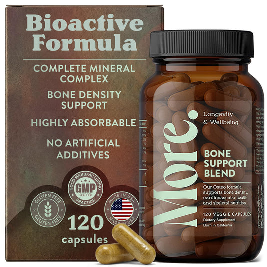 More Longevity Wellbeing bottle front for daily bone support.