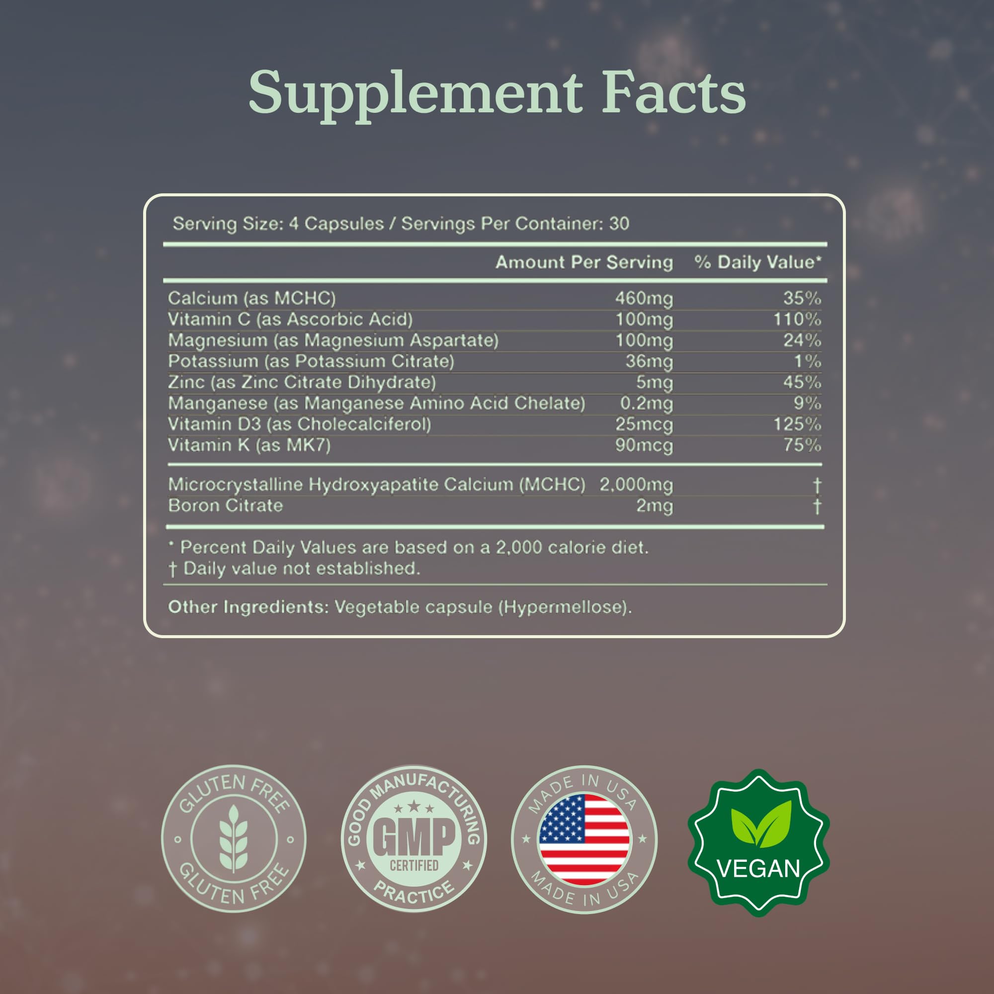 More Longevity Wellbeing ingredients include hydroxyapatite for mineralization.