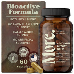 More. Longevity & Wellbeing bottle front for vegan menopause support