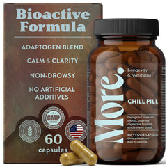 More Chill Pill bottle on a shelf suggesting calm mood support.