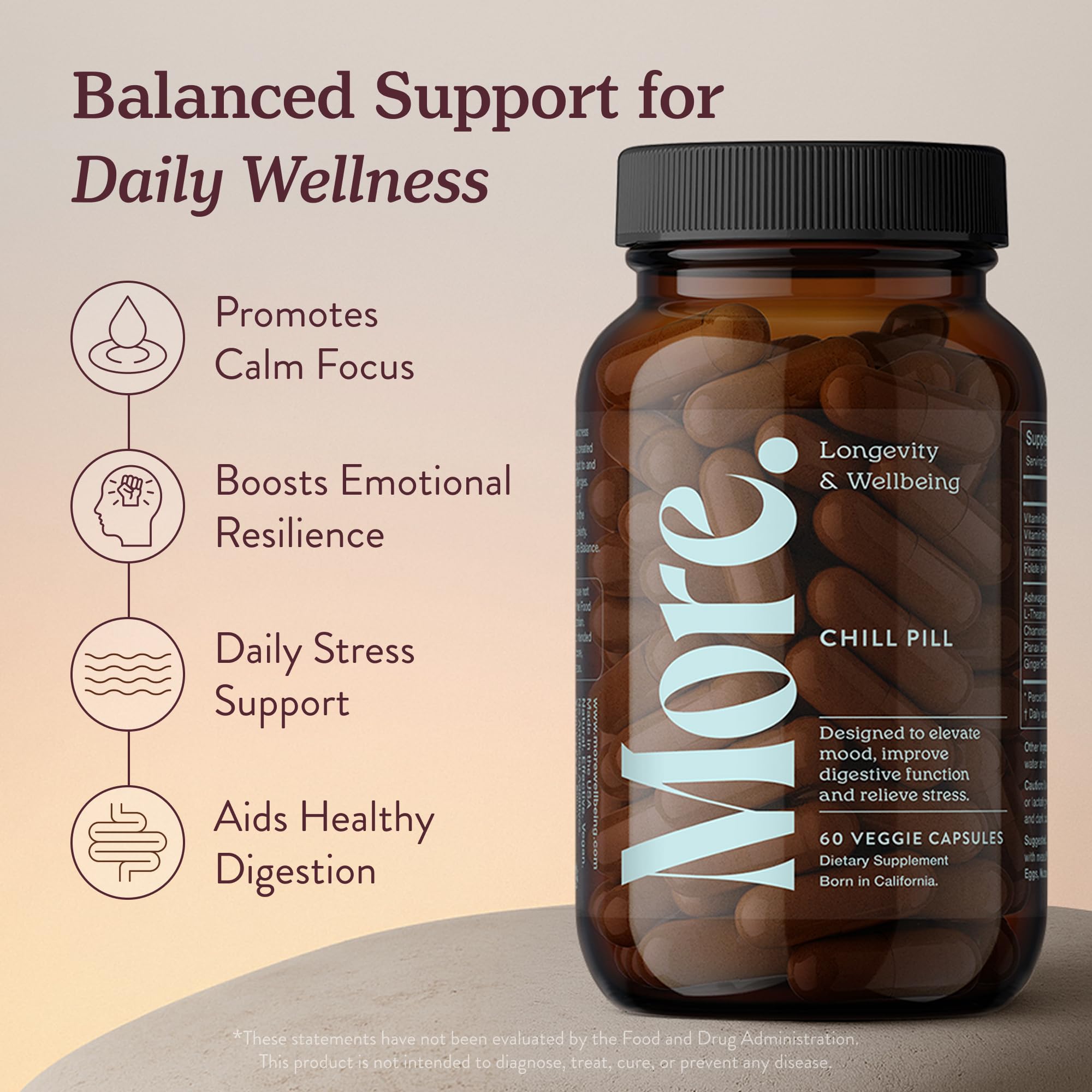 Close-up of More Chill Pill capsules for daily use.
