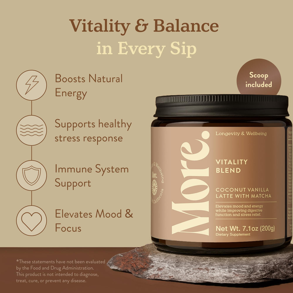 More Vitality Blend ingredient label close-up highlighting matcha and maca