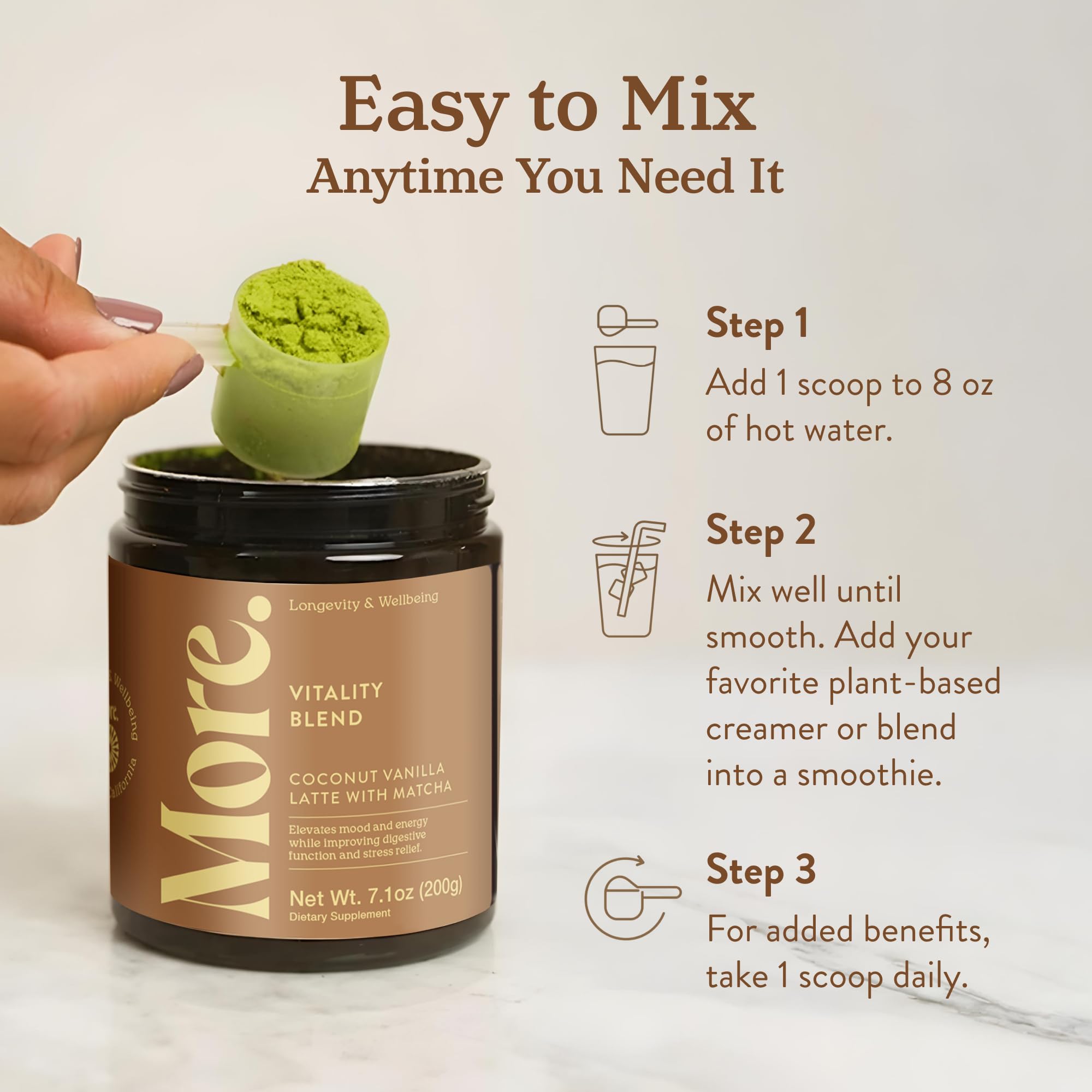 More Vitality Blend morning routine setup with cup and notebook