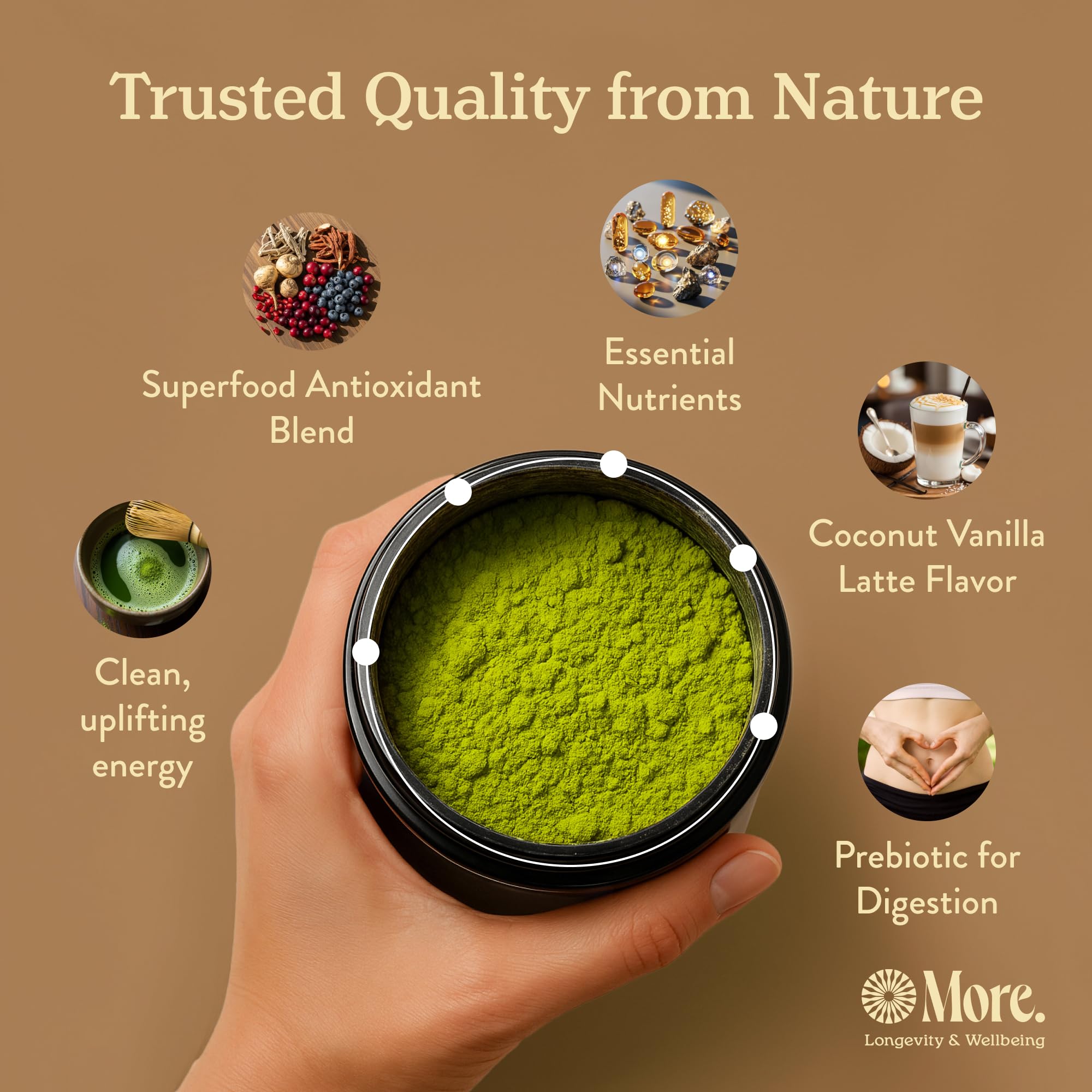 More Vitality Blend scoop with powder on light background