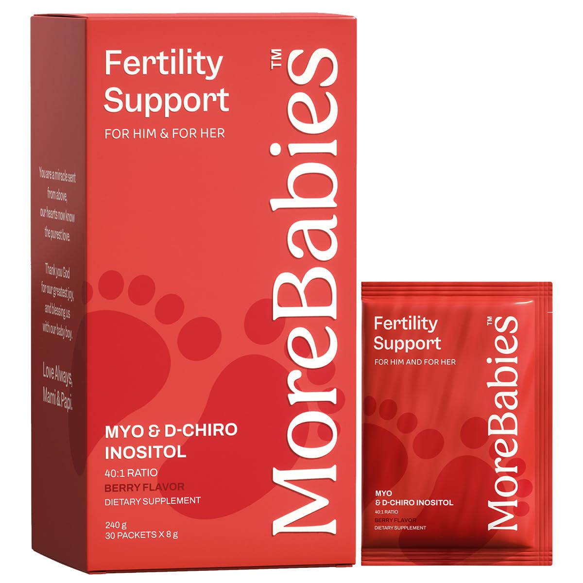 MoreBabies berry packets on shelf for easy daily fertility support.