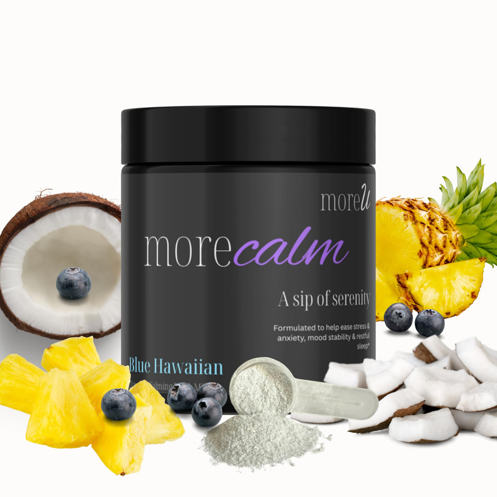 MoreCalm raspberry limeade powder in glass, supports calm focus and restful sleep