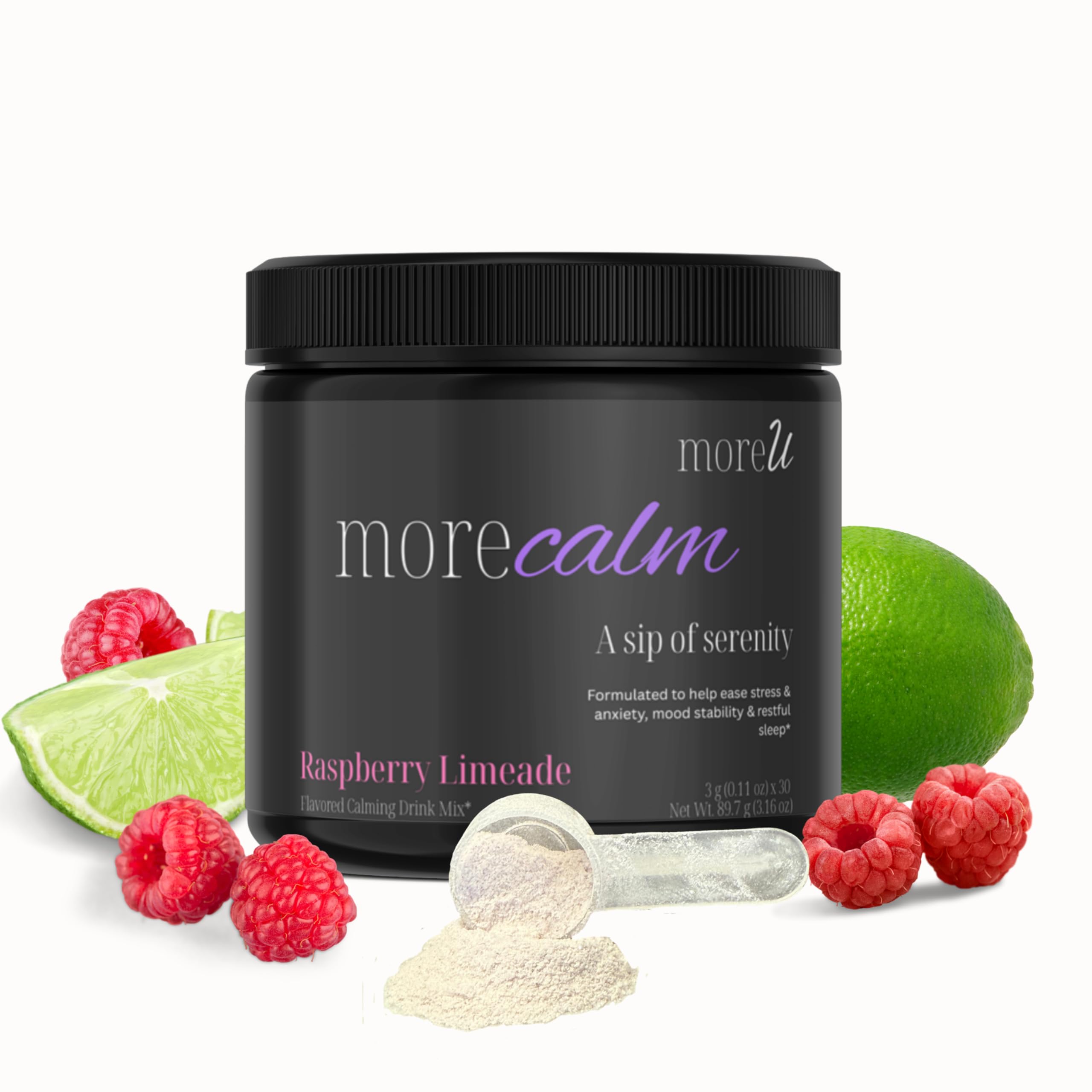 MoreCalm Raspberry Limeade powder tub ready to mix for stress relief
