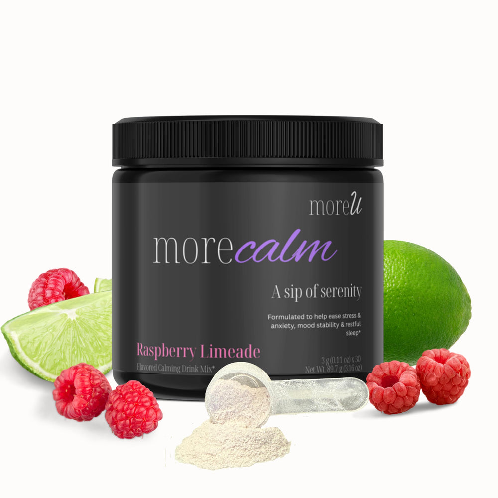 MoreCalm Raspberry Limeade powder tub ready to mix for stress relief