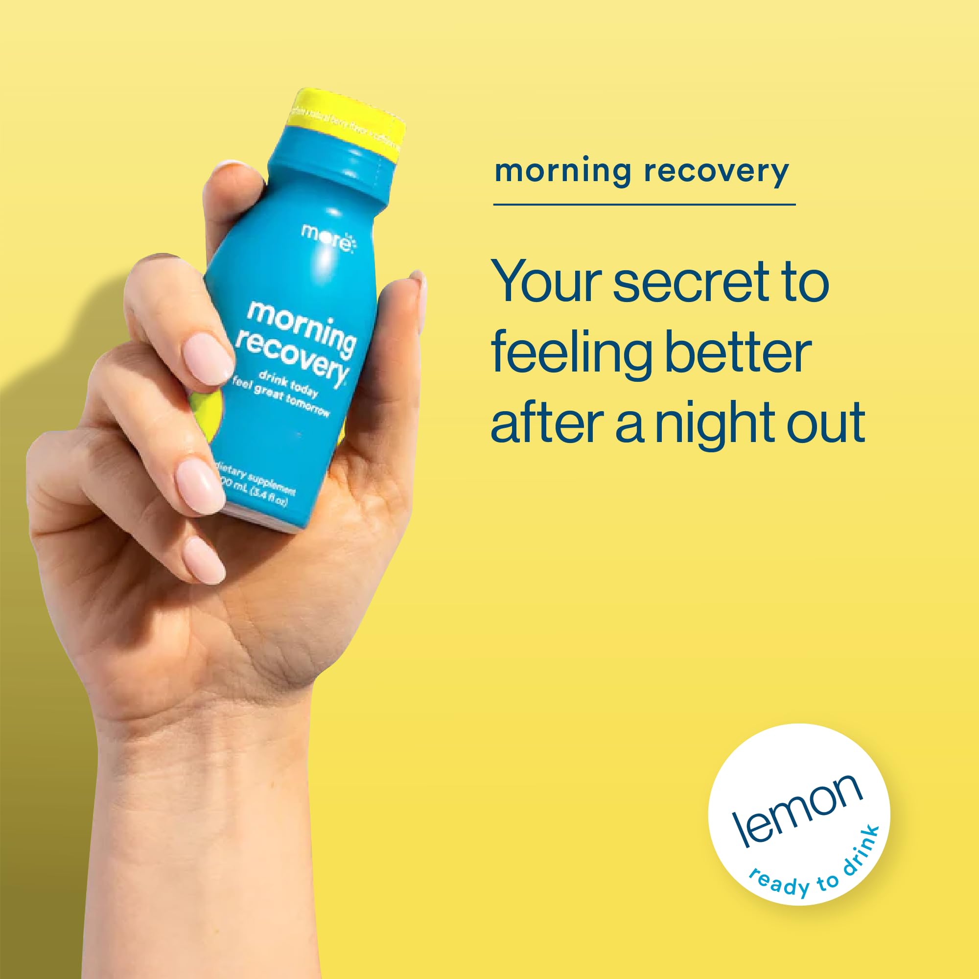 Morning Recovery bottle front view highlighting travel-friendly design.