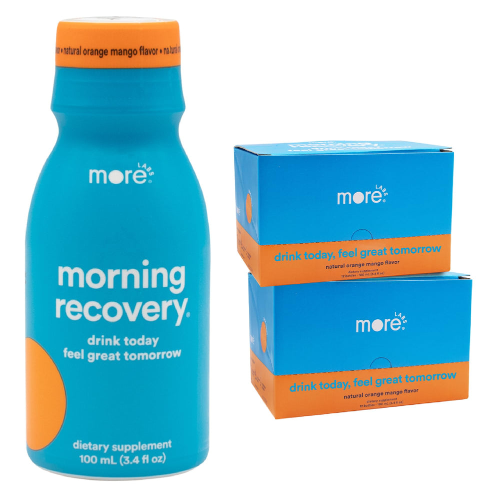 More Labs Morning Recovery bottle on table, showcasing portable hydration.
