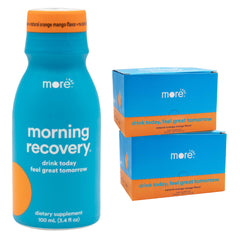 More Labs Morning Recovery bottle on table, showcasing portable hydration.