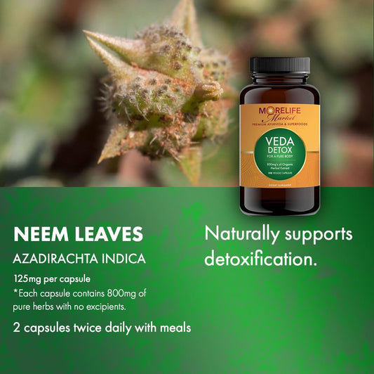 MoreLife Market Veda Detox capsule close-up highlighting 800 mg potency for detox routines.