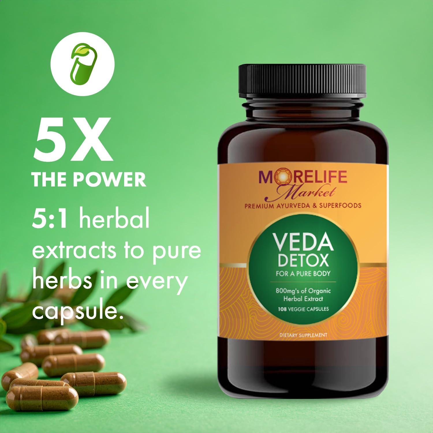 MoreLife Market Veda Detox herbal blend with Triphala Neem and Turmeric for digestion and energy.