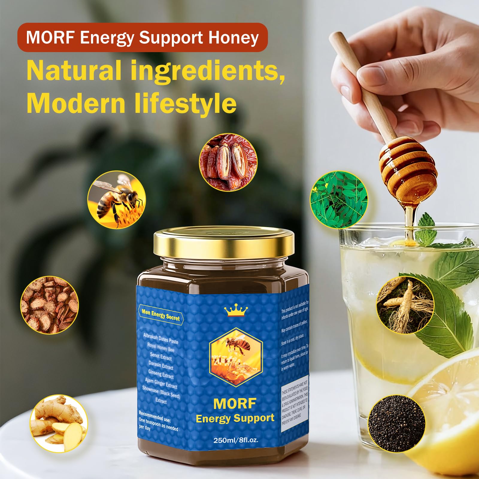 MORF Energy Support honey with ginger extract drops for a bright, uplifting flavor