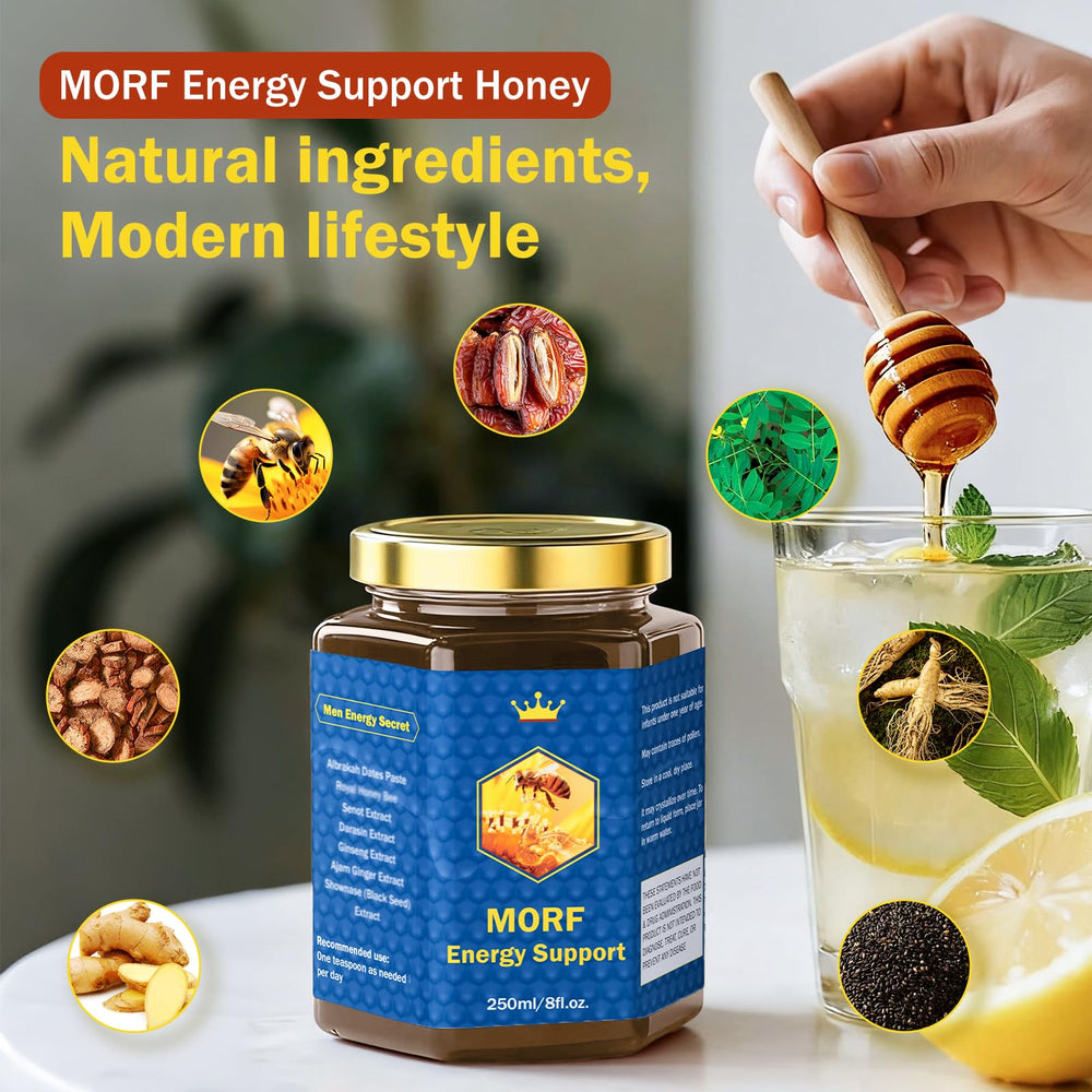 MORF Energy Support honey with ginger extract drops for a bright, uplifting flavor