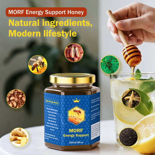 MORF Energy Support honey with ginger extract drops for a bright, uplifting flavor