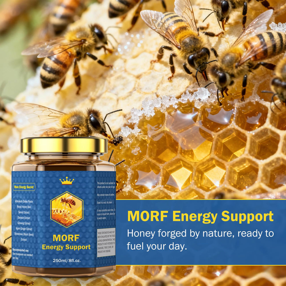 MORF Energy Support raw unfiltered honey showcases natural purity and golden richness