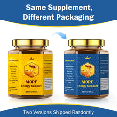MORF Energy Support honey being poured into tea for a gentle flavor boost