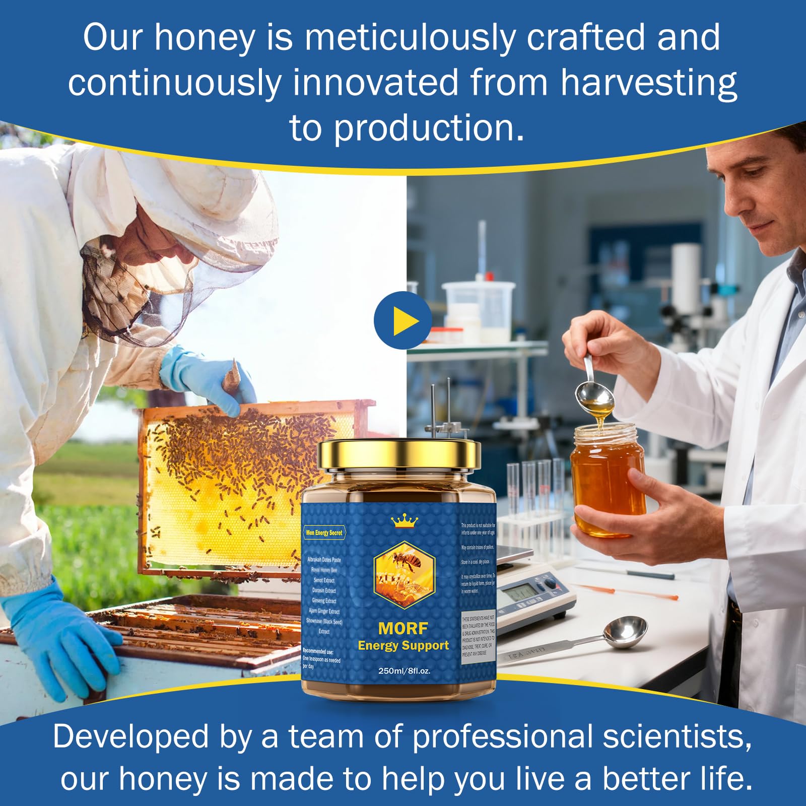 MORF Energy Support honey in a glass jar with a wooden spoon for easy use