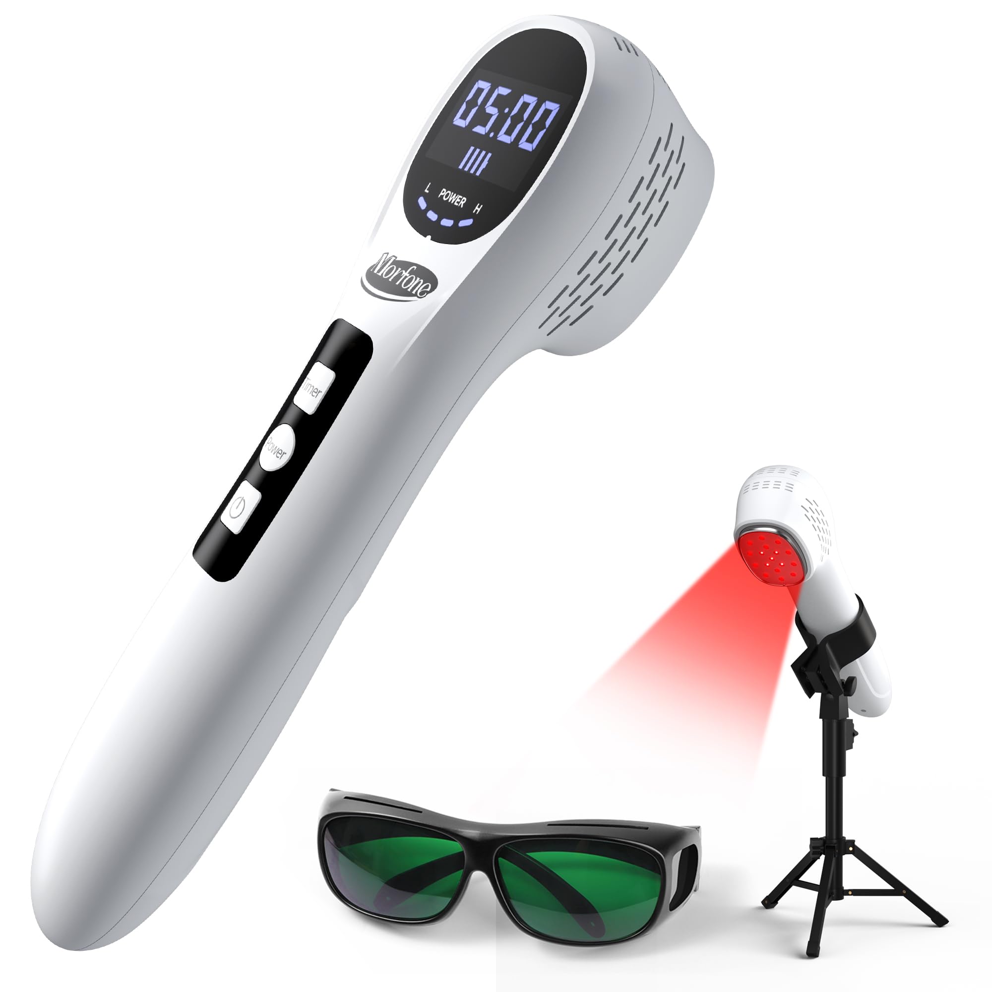 Morfone handheld red light therapy with stand enables hands-free sessions.