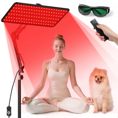 Morfone red light therapy lamp with wireless remote, easy couch-side control for personalized sessions.