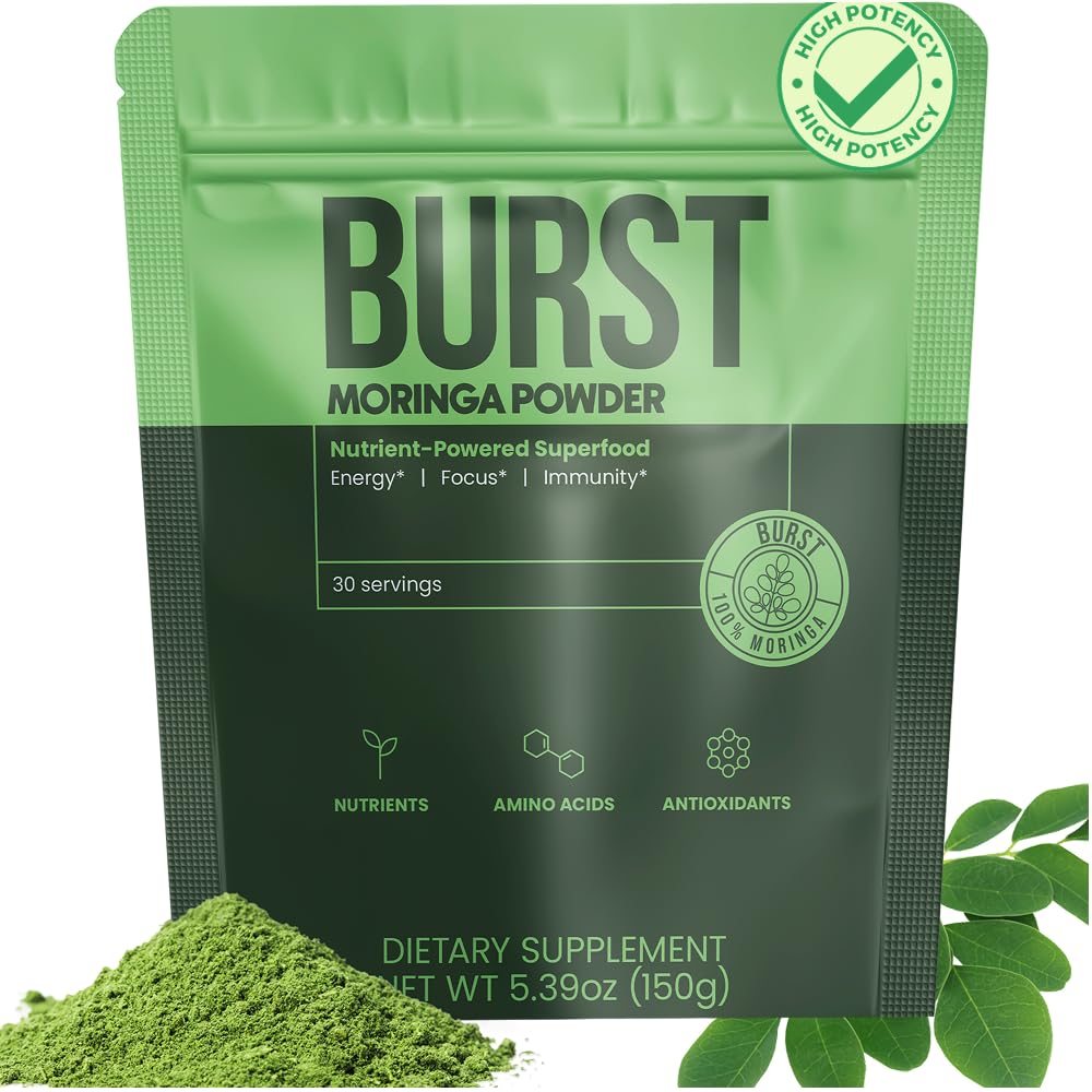 Moringa Burst 100% Moringa Powder container ready for smoothies and daily wellness.