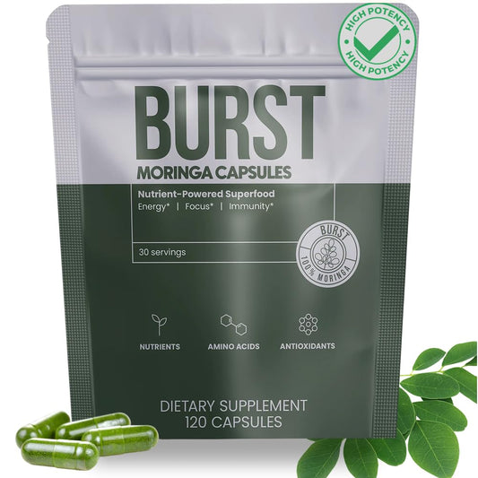 Moringa Burst bottle with capsules for convenient daily energy and immunity.