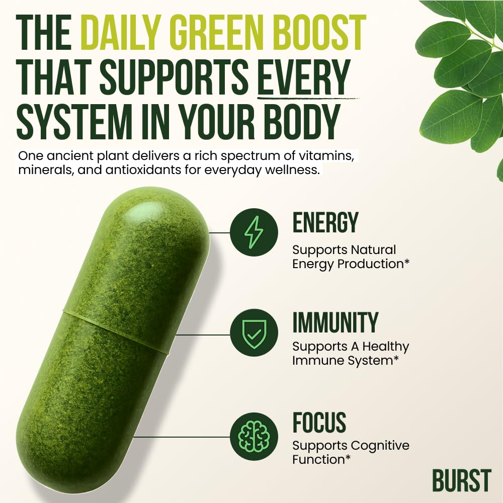 Close-up of Moringa Burst capsules highlighting plant-based protein and antioxidants.