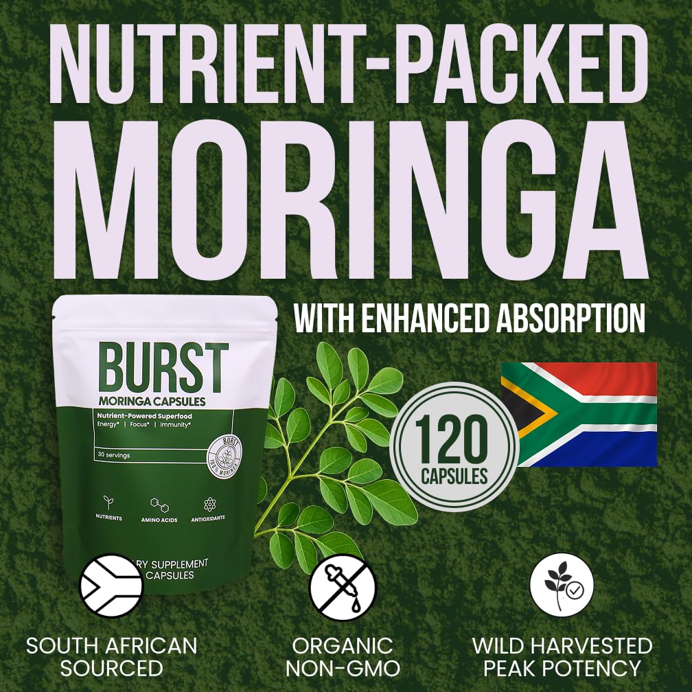 Moringa Burst label detailing ingredients and non-GMO quality.