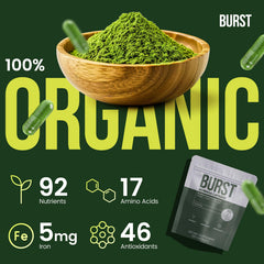 Moringa Burst capsules close-up emphasizing essential nutrients.