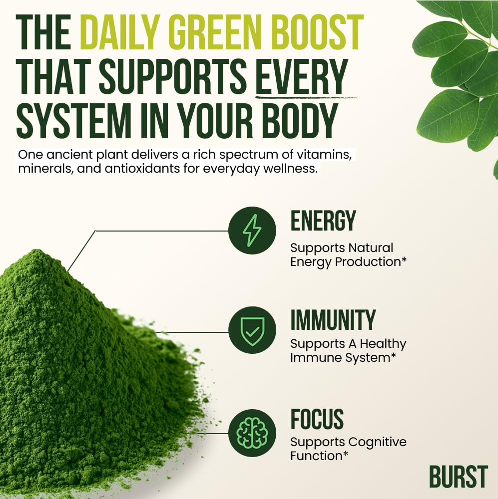 Moringa Burst moringa leaf powder bottle, pure green powder ideal for teas.