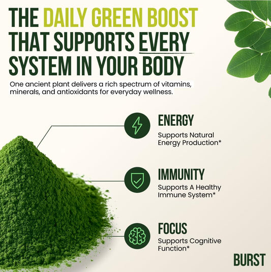 Moringa Burst moringa leaf powder bottle, pure green powder ideal for teas.
