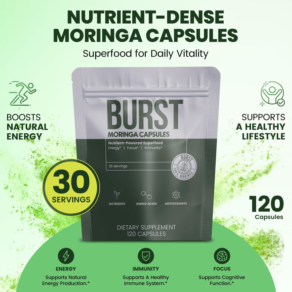 Moringa Burst vegan capsules bottle for plant-based nutrition.