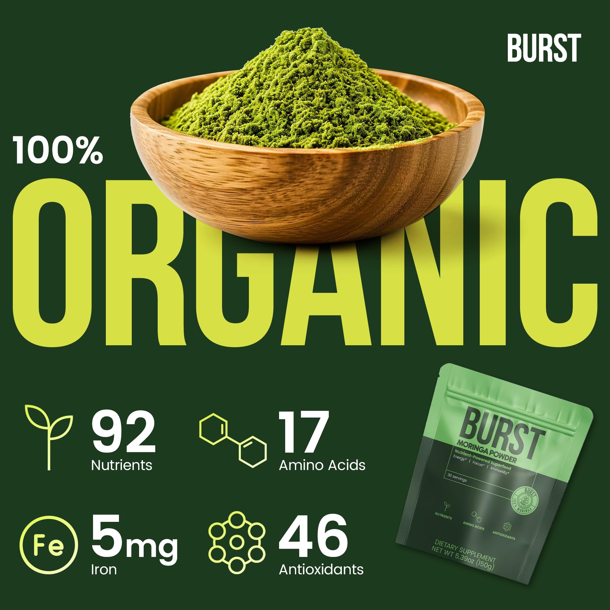 Moringa Burst powder with scoop highlights easy portioning for smoothies and baking.