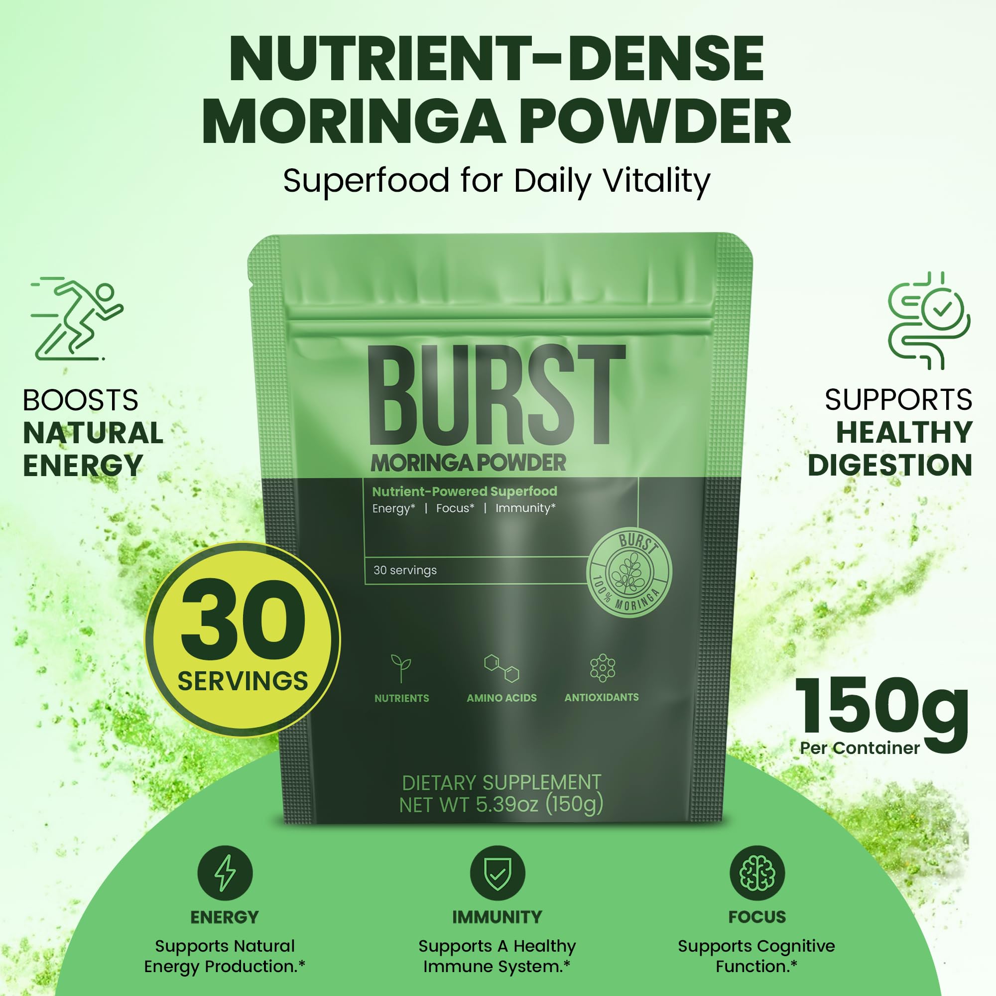 Moringa Burst sustainable farming badge signals eco-friendly sourcing.