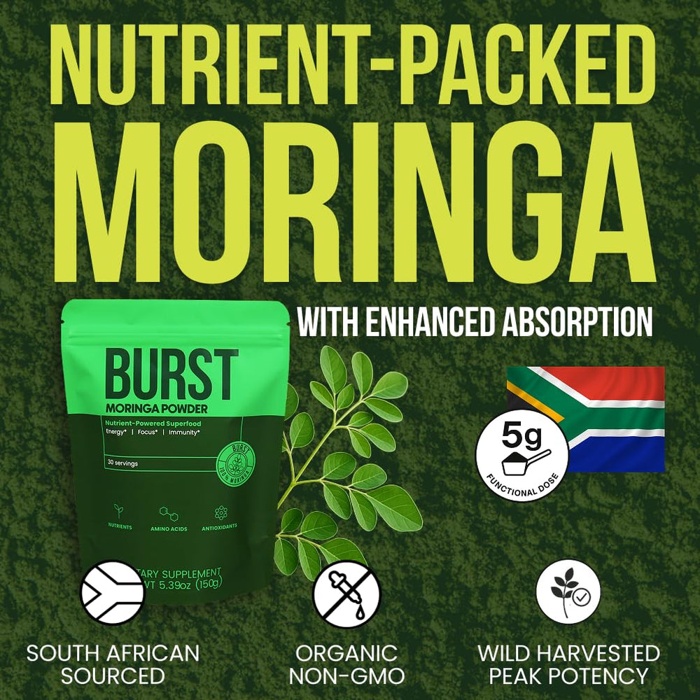 Moringa Burst vitamin-rich powder bowl showcasing nutrient-dense ingredients for meals.