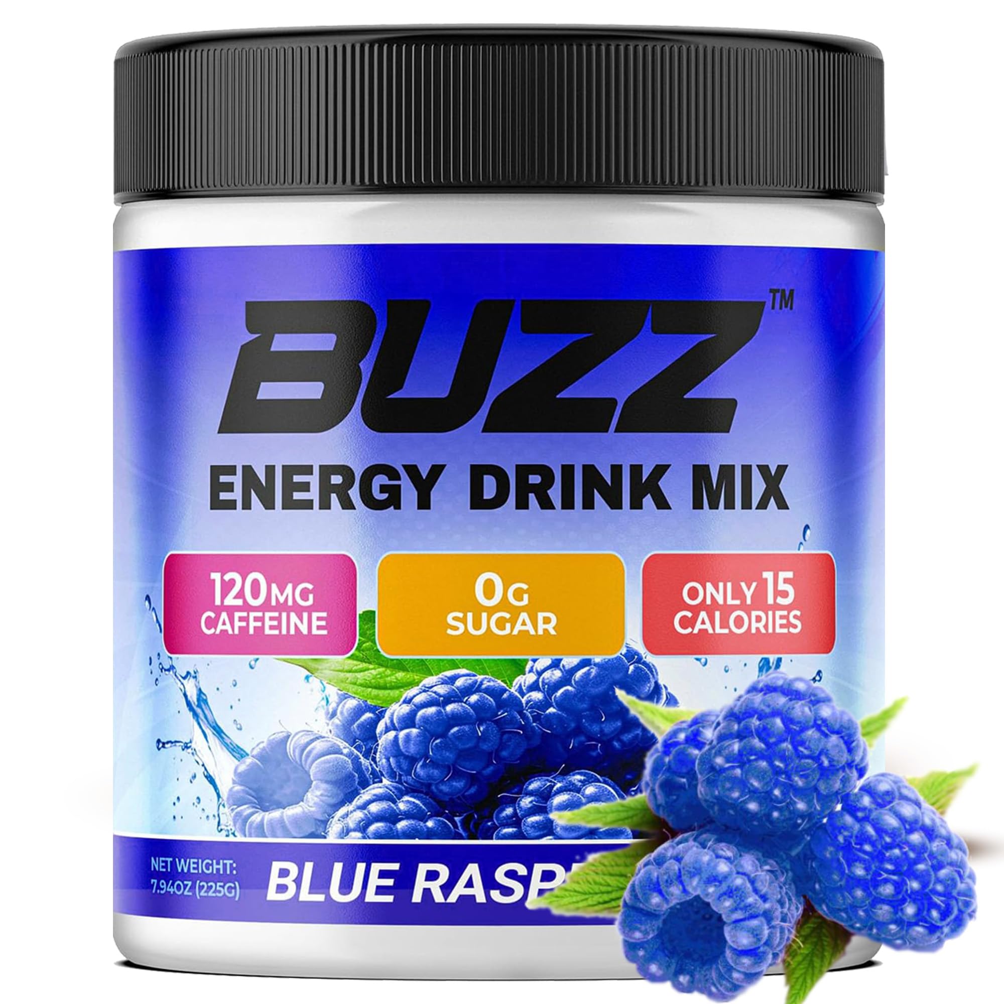 Morning Buzz blue raspberry powder dissolving in water for quick energy.