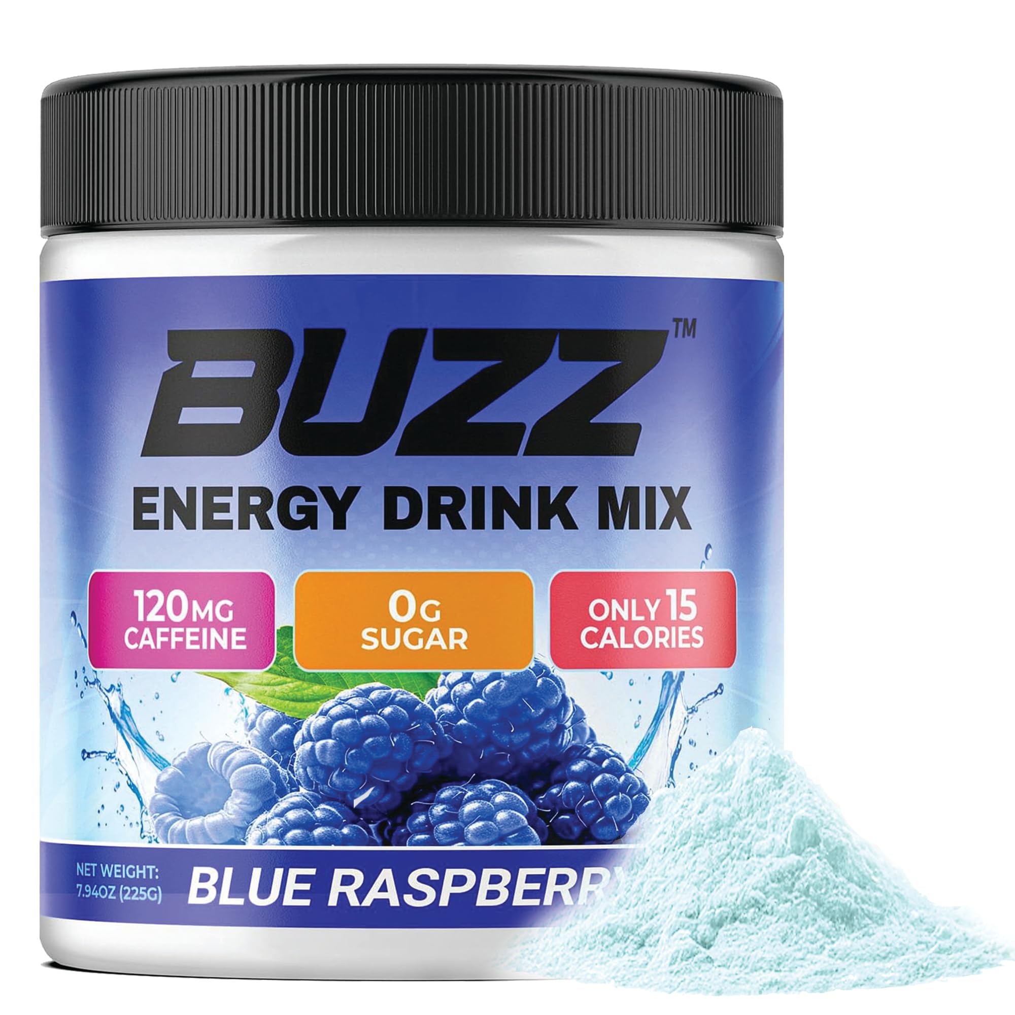 Morning Buzz tub with ingredients list and nutrition facts visible.