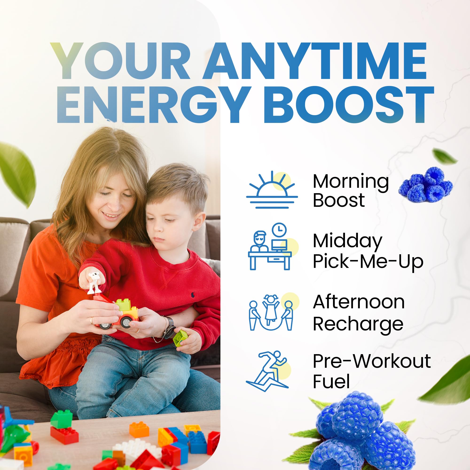 Morning Buzz blue raspberry powder label shows vegan, sugar-free energy for daily use.