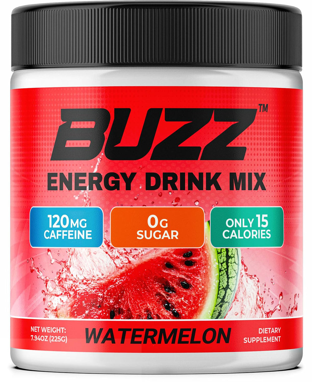 Morning Buzz energy drink powder bottle front with watermelon flavor for clean energy