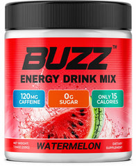 Morning Buzz energy drink powder bottle front with watermelon flavor for clean energy