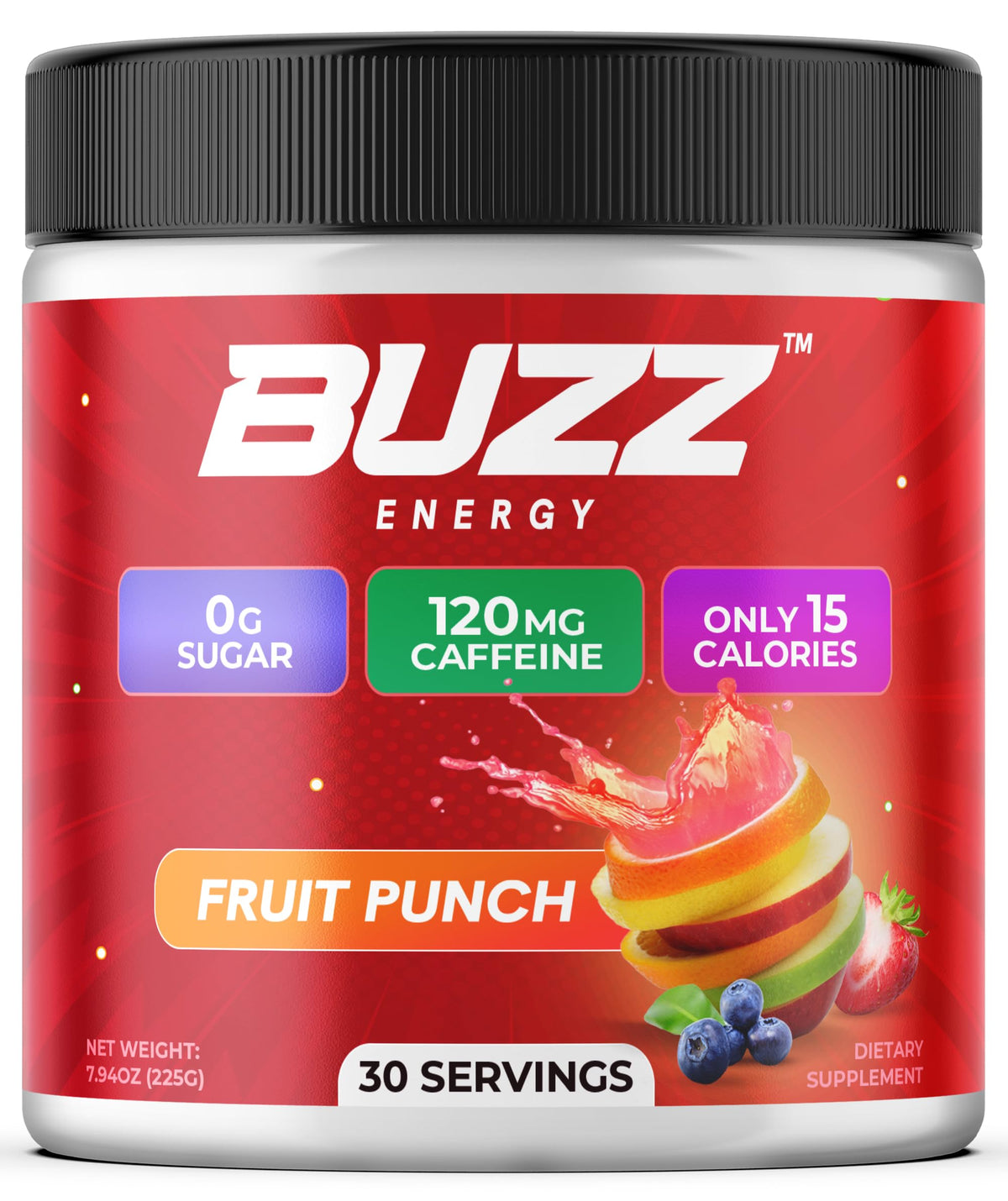 Morning Buzz energy powder tub front view for quick morning boost.