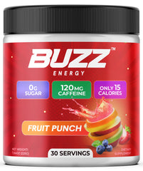 Morning Buzz energy powder tub front view for quick morning boost.