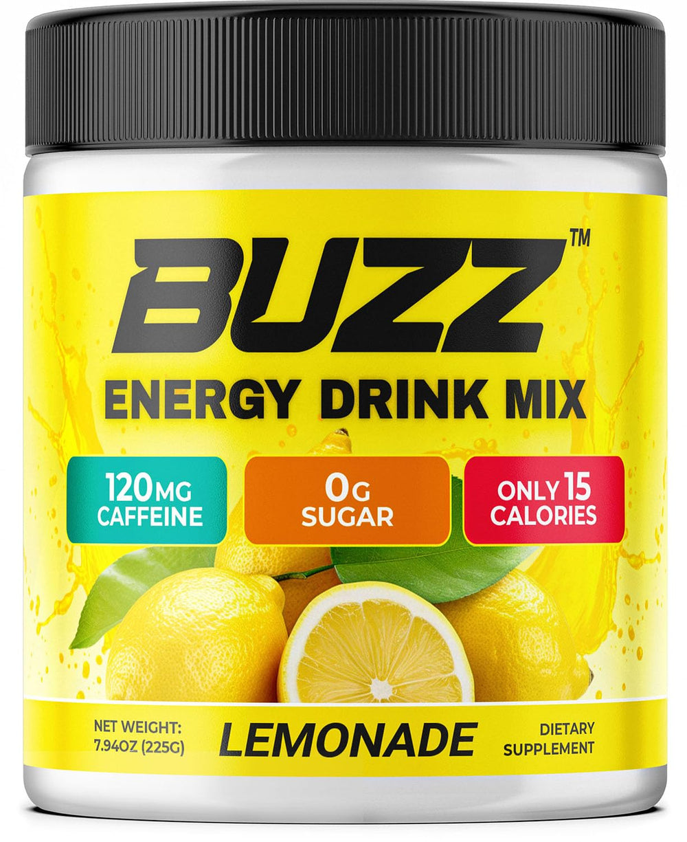 Morning Buzz Lemonade powder tub ready for a clean energy boost
