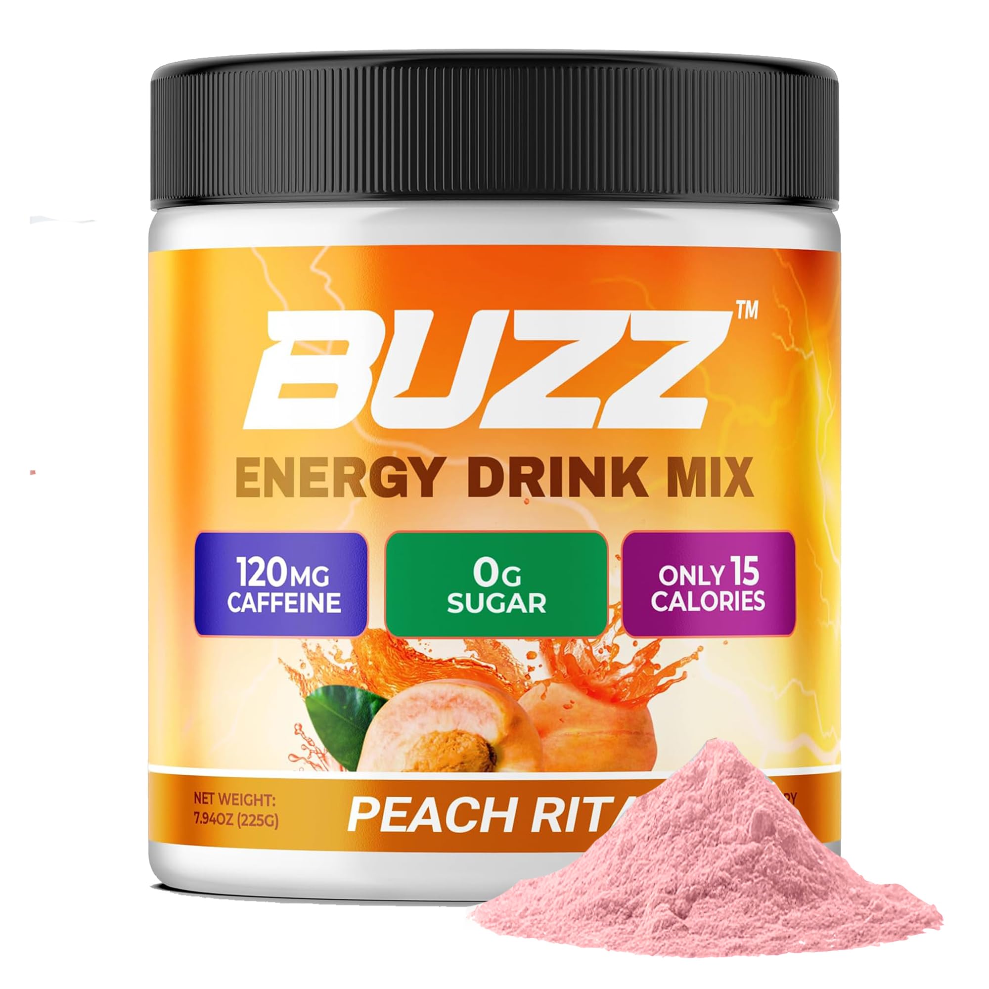 Morning Buzz Peach Rita packaging displayed on a kitchen shelf.