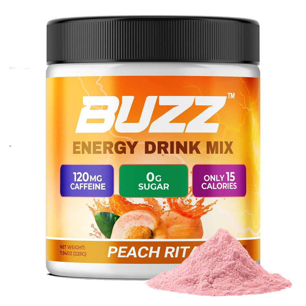 Morning Buzz Peach Rita packaging displayed on a kitchen shelf.