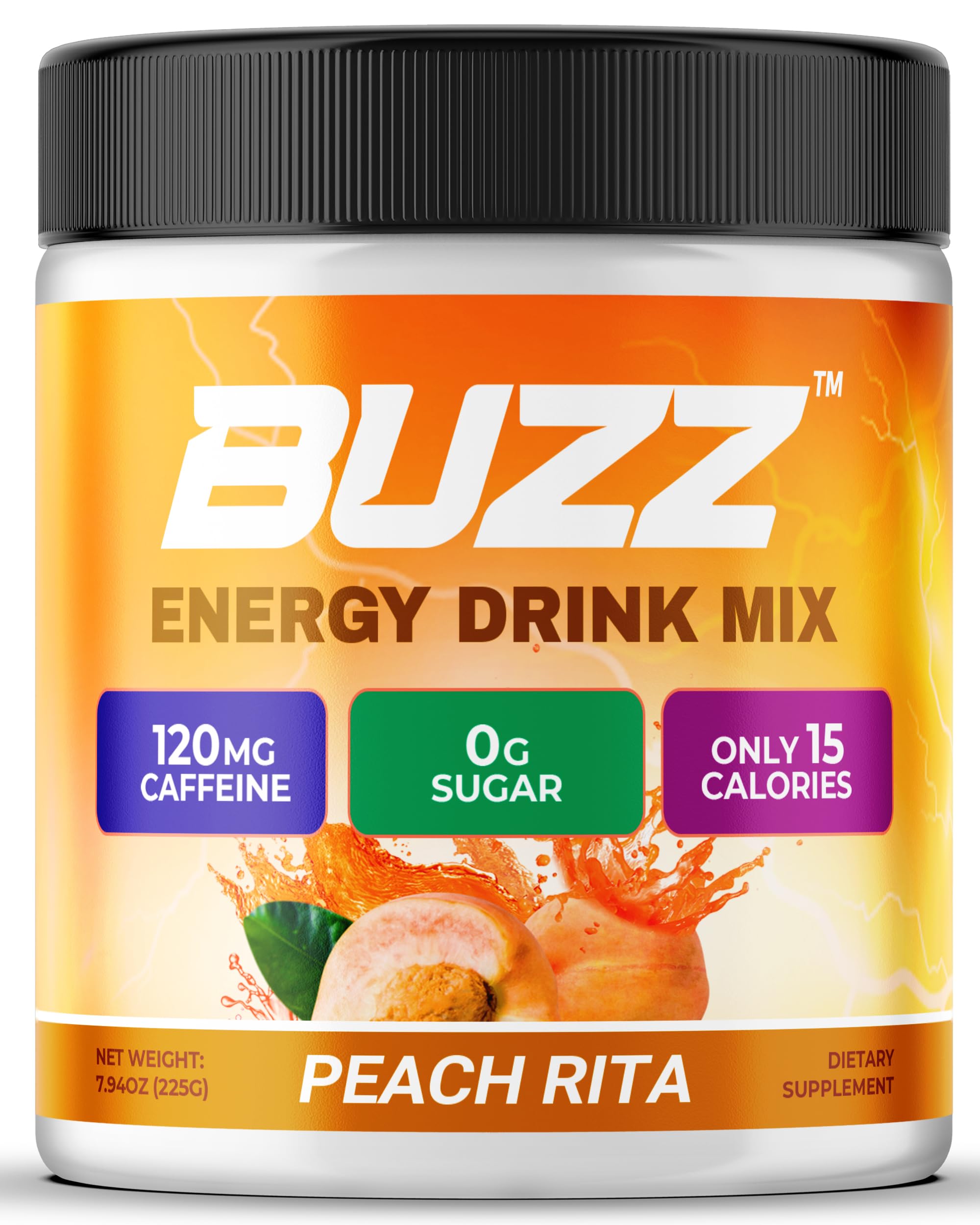 Morning Buzz Peach Rita powder tub invites a clean energy boost.