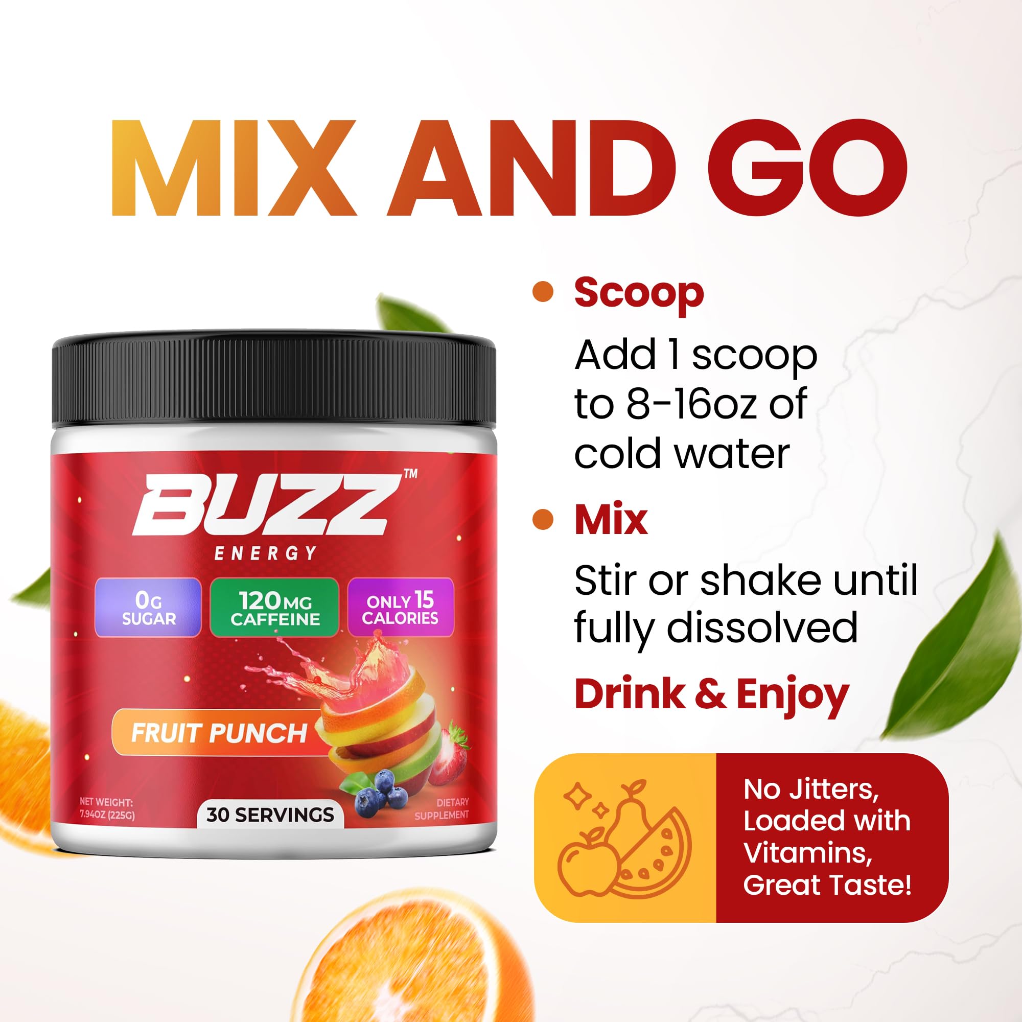 Morning Buzz energy drink powder with vitamins hint.